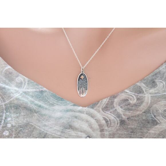 Sterling Silver Pine Tree Charm with Bronze Star Necklace - Picture 2 of 6